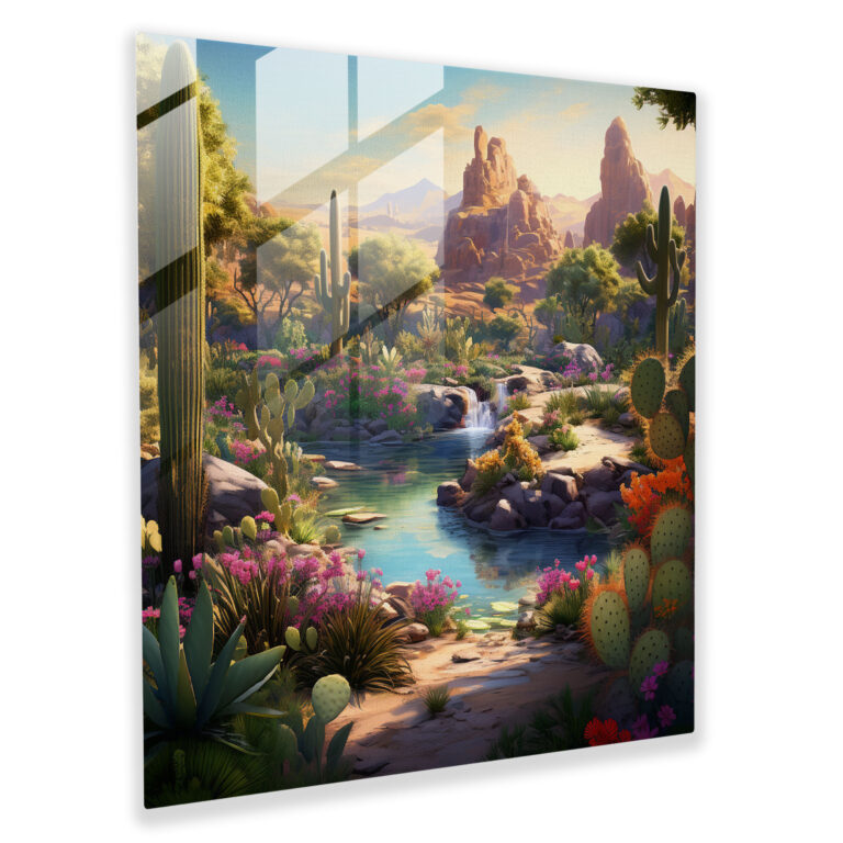 Southwest Oasis Glass Print - Southwest, Cacti, Modern Art, Southwest