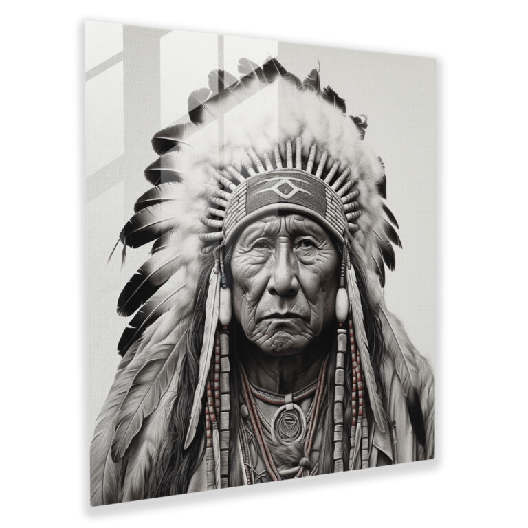 Native American Chief Glass Print - Southwest, Realistic Pencil Drawing, Wall Decoration, Glass Wall Art