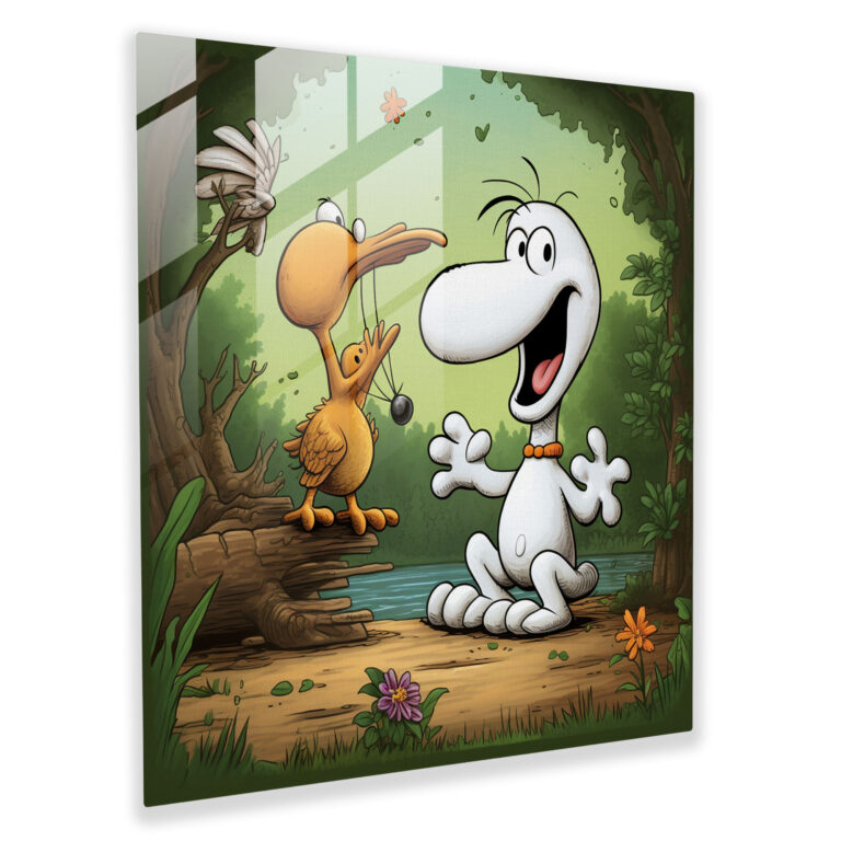 Playful Snoopy Glass Print - Snoopy, Wall Decoration, Snoopy And Woodstock, Cartoon-Style Illustration