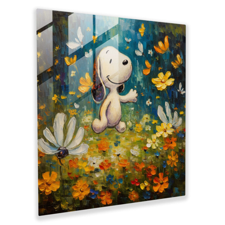 Snoopy Impressionist Glass Print - Snoopy, Chasing Butterflies, Glass Wall Art, Blossoming Garden