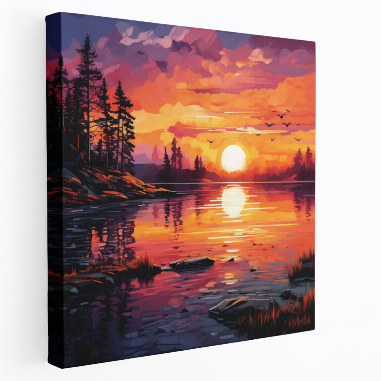 Spiritual Wall Art: Serene Sunrise - Spiritual, Vibrant Hues, Wall Decoration, Peaceful Lake