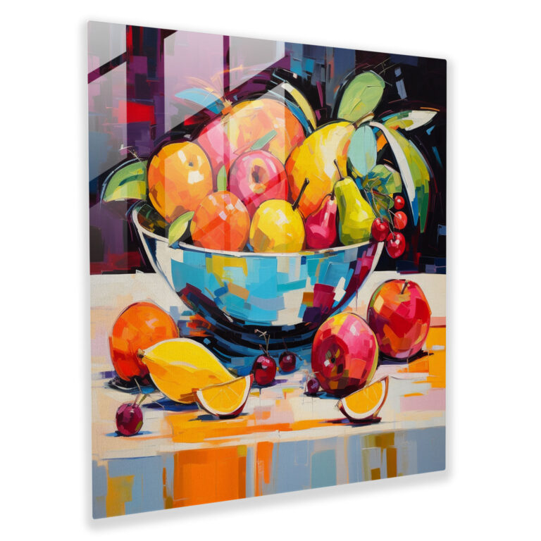 Still Life Glass Print - Abstract Fruit Bowl - Still Life, Fruit Bowl, Dynamic Brushstrokes, Glass Print