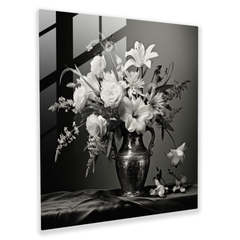 Still Life Glass Print - Vintage Black And White Bouquet - Still Life, Glass Print, Glass Wall Art, Modern Art