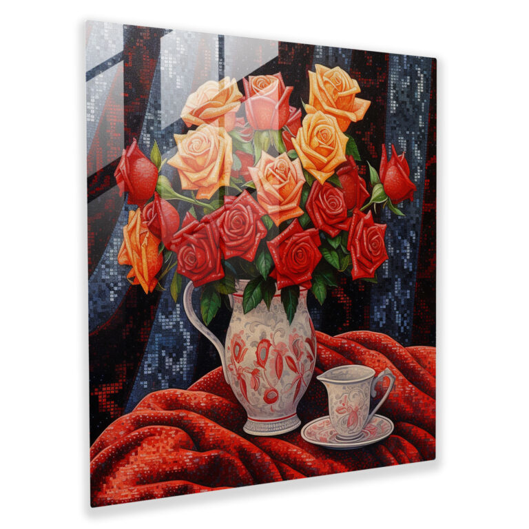 Still Life Glass Print - Pointillism Roses - Still Life, Still Life, Modern Art, Glass Print
