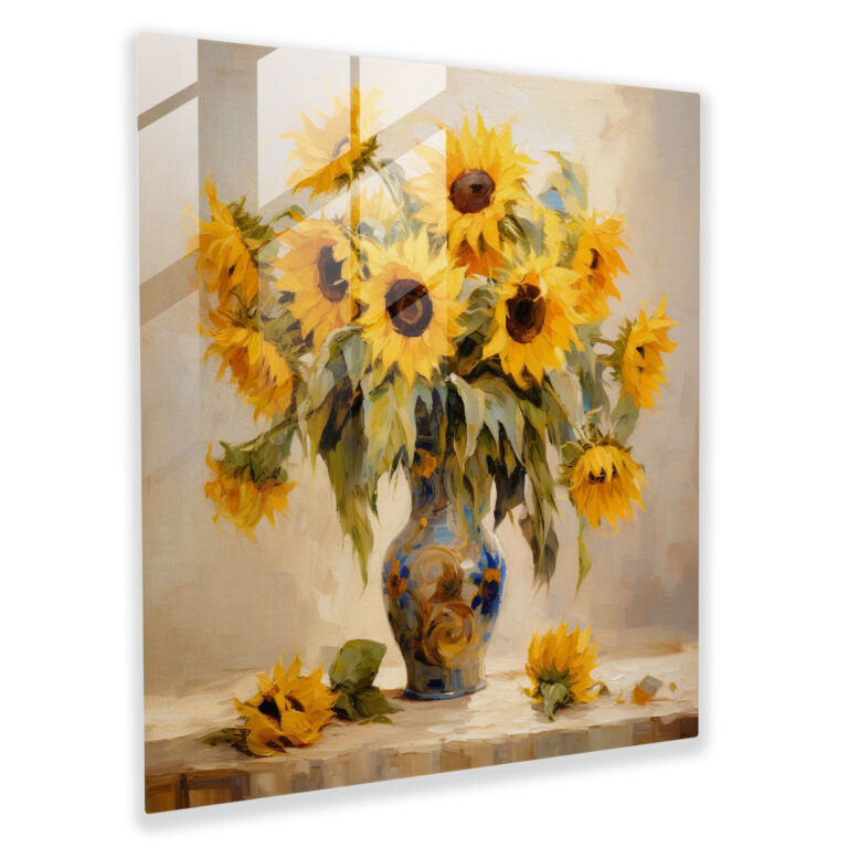 Still Life Glass Print: Sunflower Bouquet - Still Life, Home Decoration, Glass Art, Wall Decoration