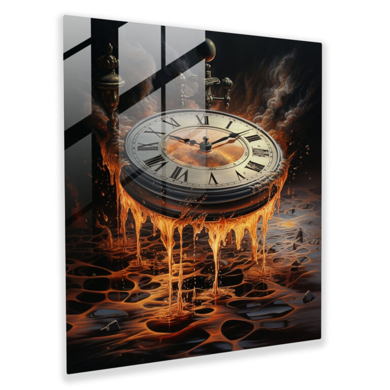 Still Life Glass Print: Melting Time - Still Life, Glass Wall Art, Still Life, Melting Clock