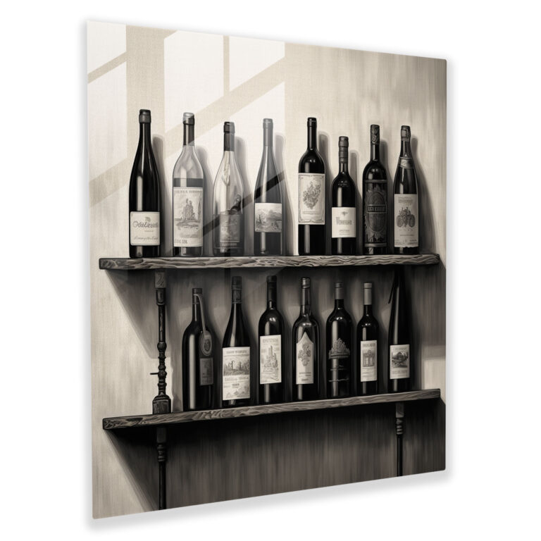 Still Life Glass Print: Wine Cellar - Still Life, Wooden Shelf, Wall Decoration, Glass Print