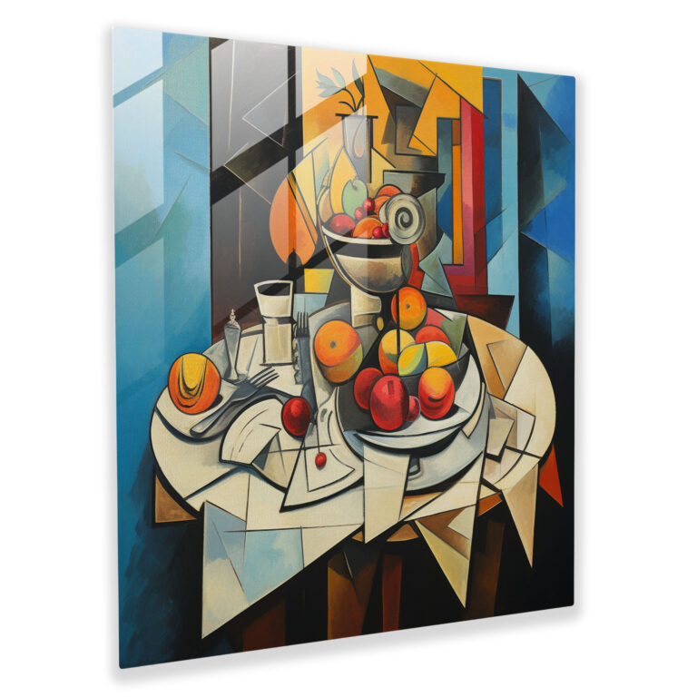 Still Life Glass Print: Fragmented Harmony - Still Life, Glass Print, Cubist Painting, Glass Wall Art