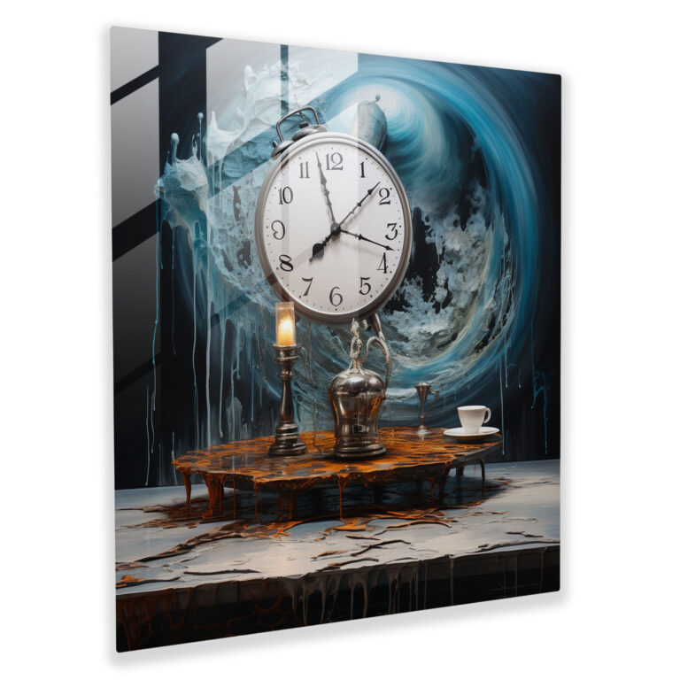 Still Life Glass Print: Melting Time - Still Life, Melting Clock, Home Decoration, Glass Art