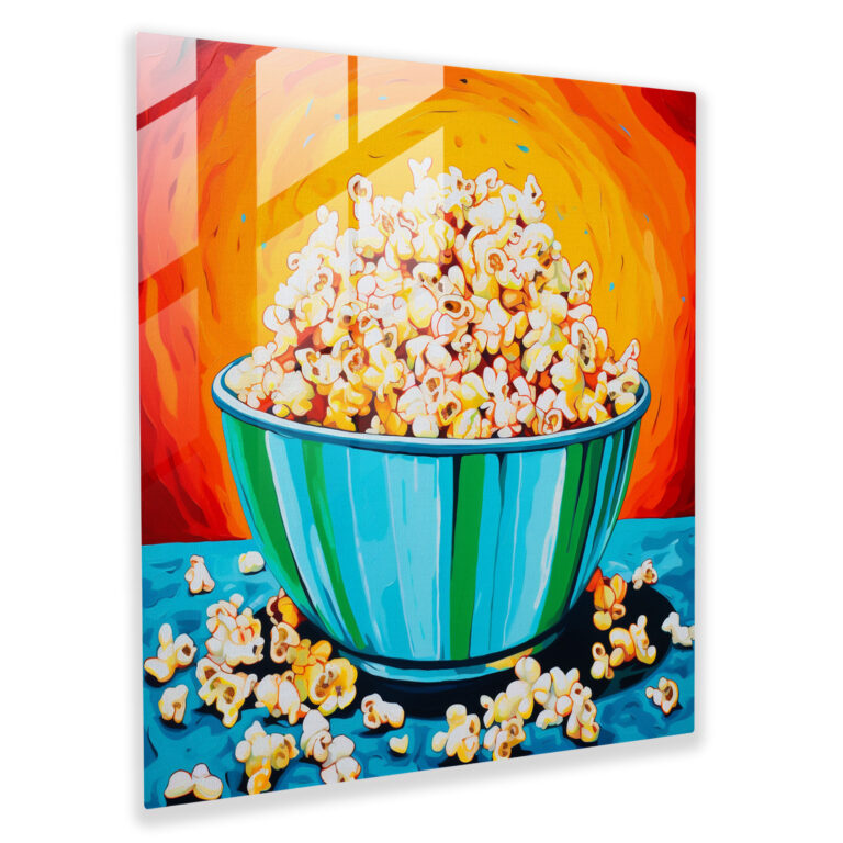 Still Life Glass Print: Popcorn Party - Still Life, Wall Decoration, Glass Art, Bold Colors