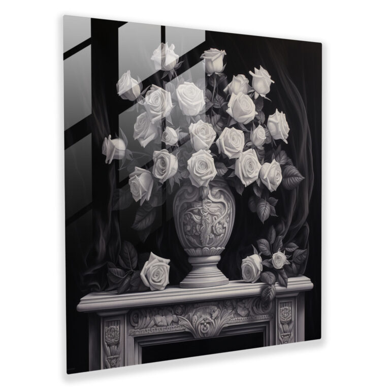 Still Life Glass Print: Elegant Roses - Still Life, Realistic Charcoal Drawing, Glass Art, Home Decoration