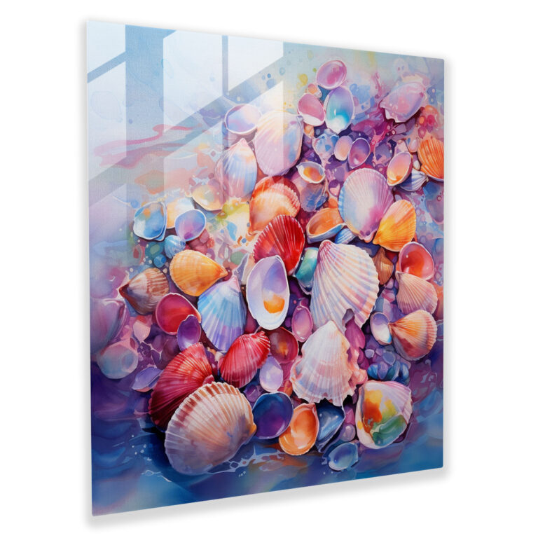 Still Life Glass Print: Coastal Seashells - Still Life, Coastal Atmosphere, Seashore, Vibrant Colors