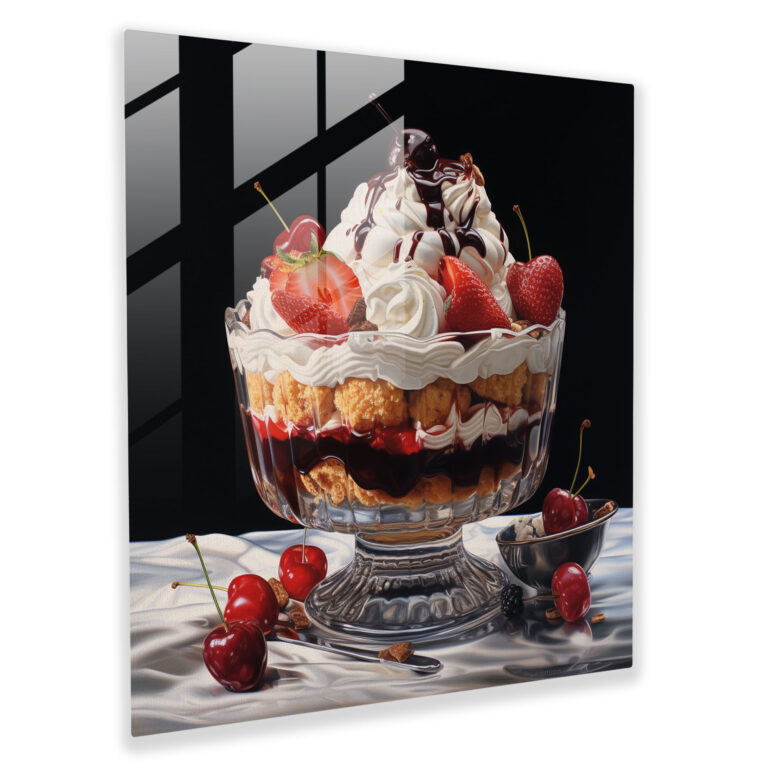 Still Life Glass Print: Tempting Indulgence - Still Life, Hyperrealistic Drawing, Bowl Of Desserts, Glass Print
