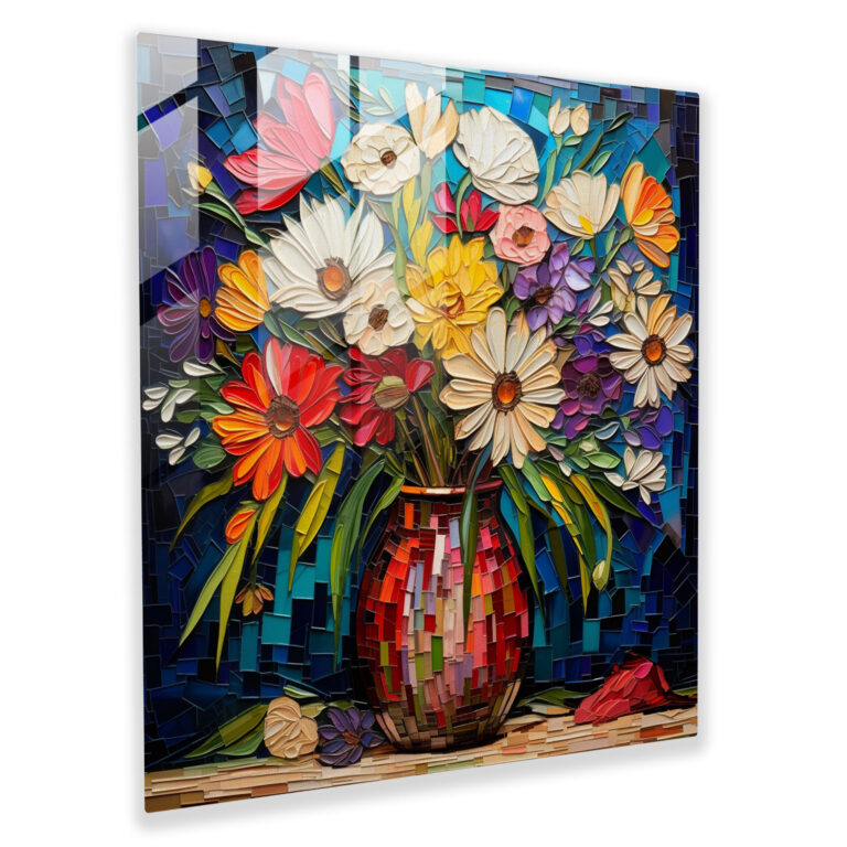 Still Life Glass Print - Mosaic Flowers In Vase - Still Life, Vibrant Mosaic Artwork, Energy, Home Decoration