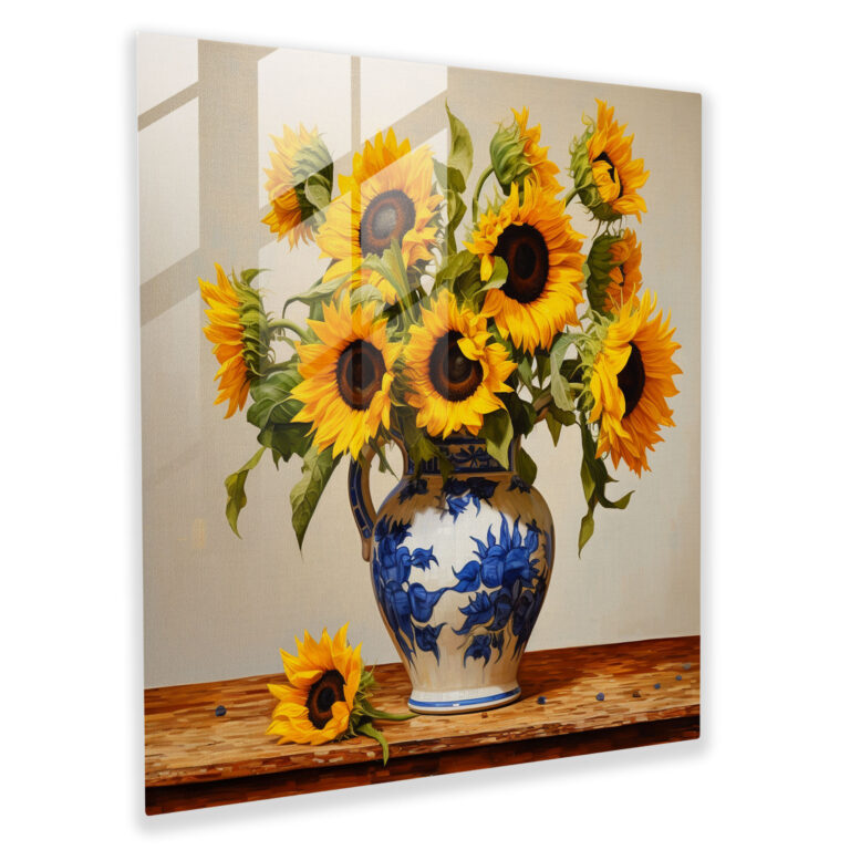 Still Life Glass Print - Sunflowers In Vase - Still Life, Home Decoration, Joy, Glass Wall Art