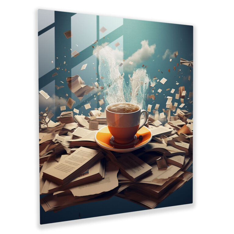 Still Life Glass Print - Floating Books And Coffee - Still Life, Escapism, Glass Print, Creativity