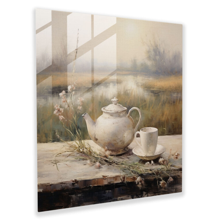 Still Life Glass Print - Serene Tea Time - Still Life, Modern Art, Home Decoration, Teacup