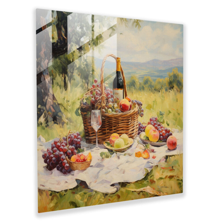 Still Life Glass Print: Picnic Scene - Still Life, Glass Art, Tranquility, Modern Art