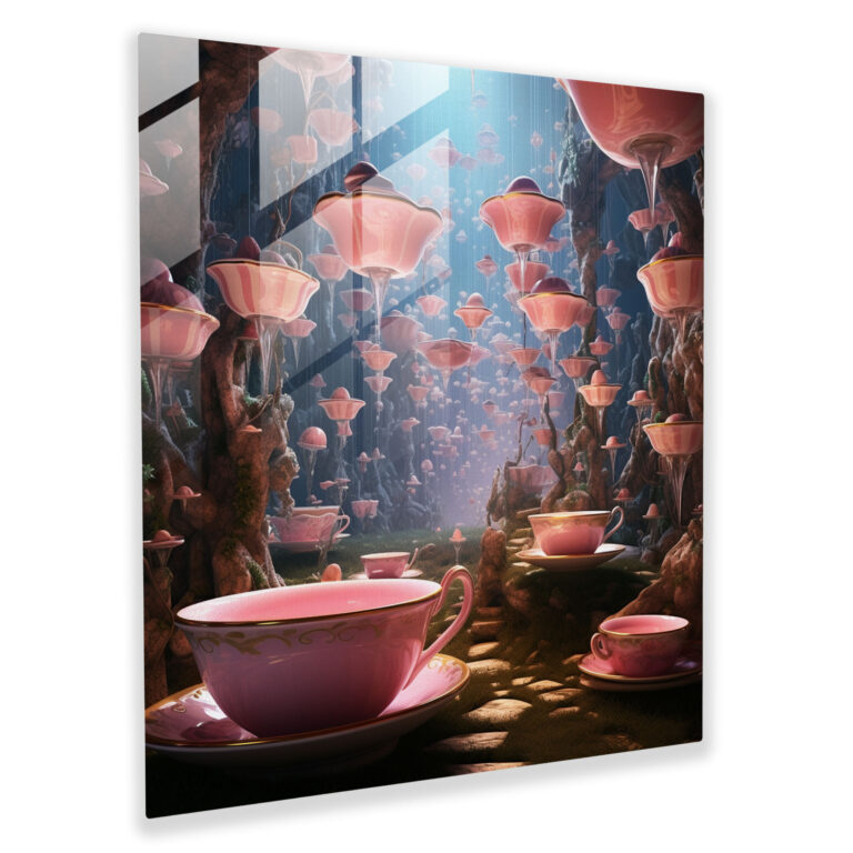 Still Life Glass Print: Floating Teacups - Still Life, Home Decoration, Modern Art, Surreal Digital Art
