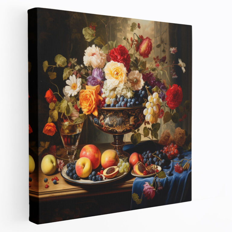 Still Life Canvas Print - Classical Bowl Of Fruit And Flowers Wall Art - Still Life, Traditional Oil Painting, Canvas Wall Art, Flowers