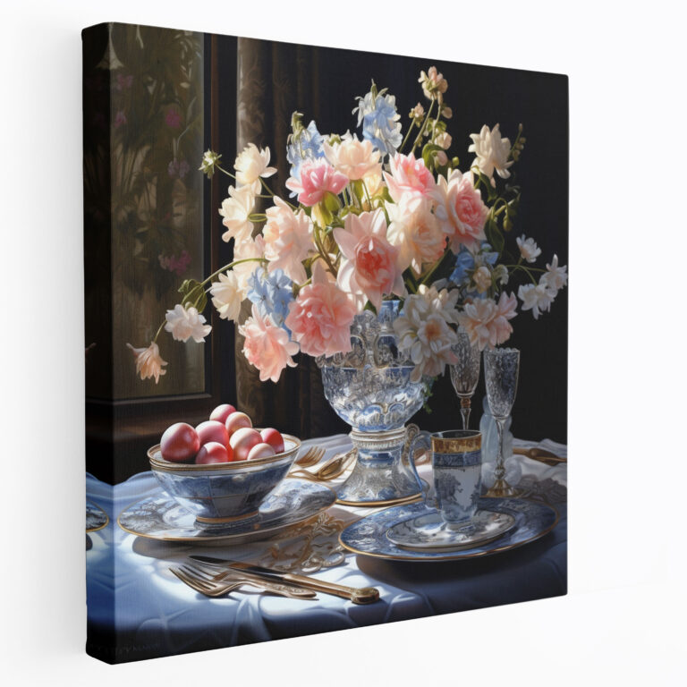 Still Life Wall Decoration - Photorealistic Painting Style - Canvas Print - Still Life, Elegant Flowers, Wall Art, Fine China