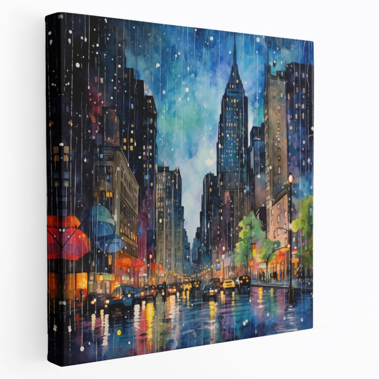 Rainy City Canvas Print - Storm, Canvas Wall Art, Raindrops, Whimsical Watercolor Painting