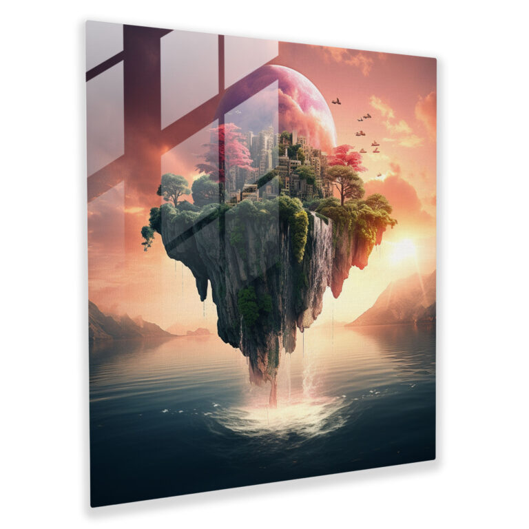 Enchanted Sunset Glass Print - Sunset, Floating Island, Enchanted, Modern Art