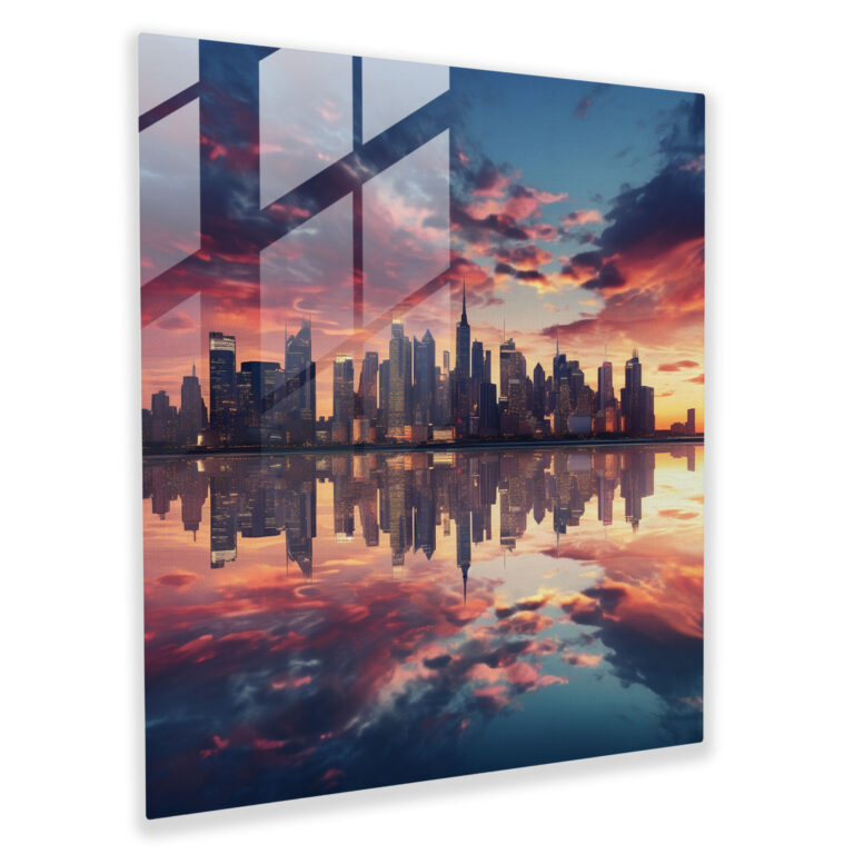 Urban Sunset Glass Print - Sunset, Captivating Photograph, Glass Wall Art, Calm Water Surface