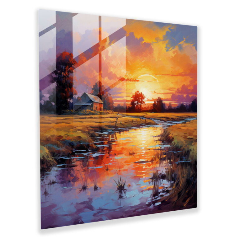 Tranquil Sunset Glass Print - Sunset, Elegance, Tranquility, Serene Impressionist Painting