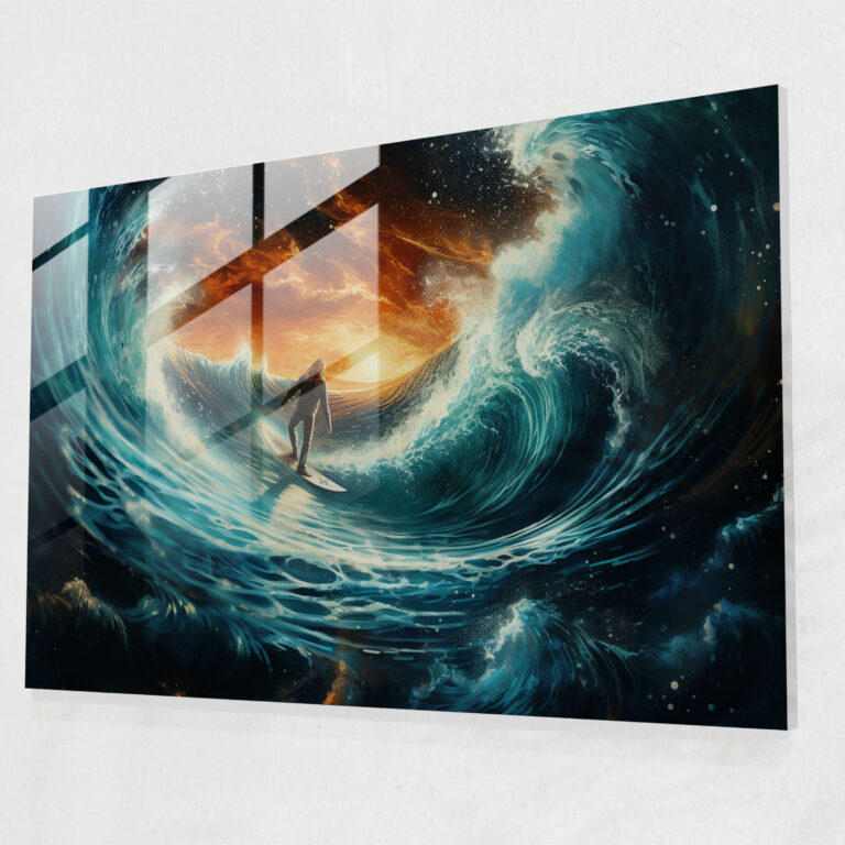 Cosmic Rider Glass Wall Art - Surf, Surreal Artwork, Cosmic Energy, Glass Wall Art