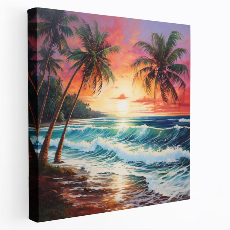 Sunset Beach Canvas Print - Sunset, Waves, Canvas Print, Palm Trees