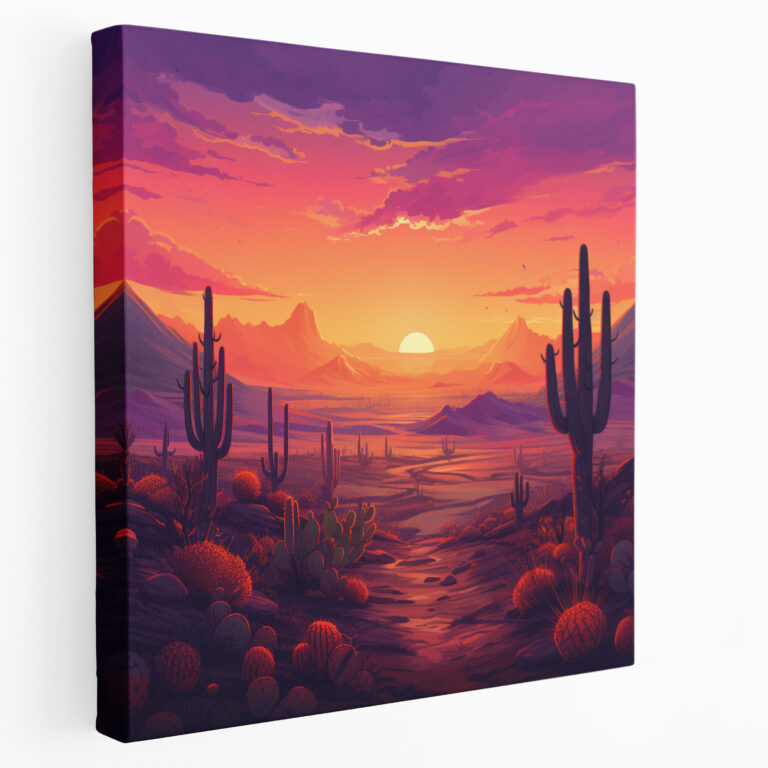 Sunset Desert Canvas Print - Sunset, Silhouetted Cacti, Desert, Sunset