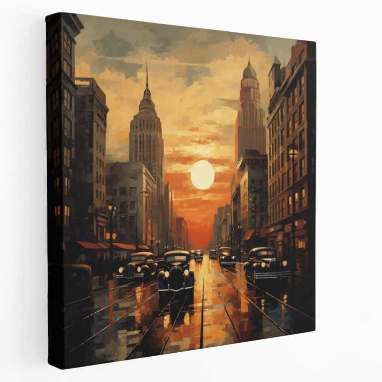 Vintage City Sunset Canvas Print - Retro Wall Art - Sunset, Vintage Elegance, Retro-Inspired Artwork, Wall Art