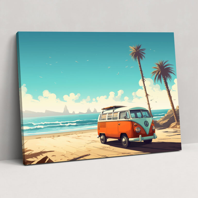 Vintage Surf Van Wall Decoration - Surf, Retro-Style Illustration, Beach, Surf