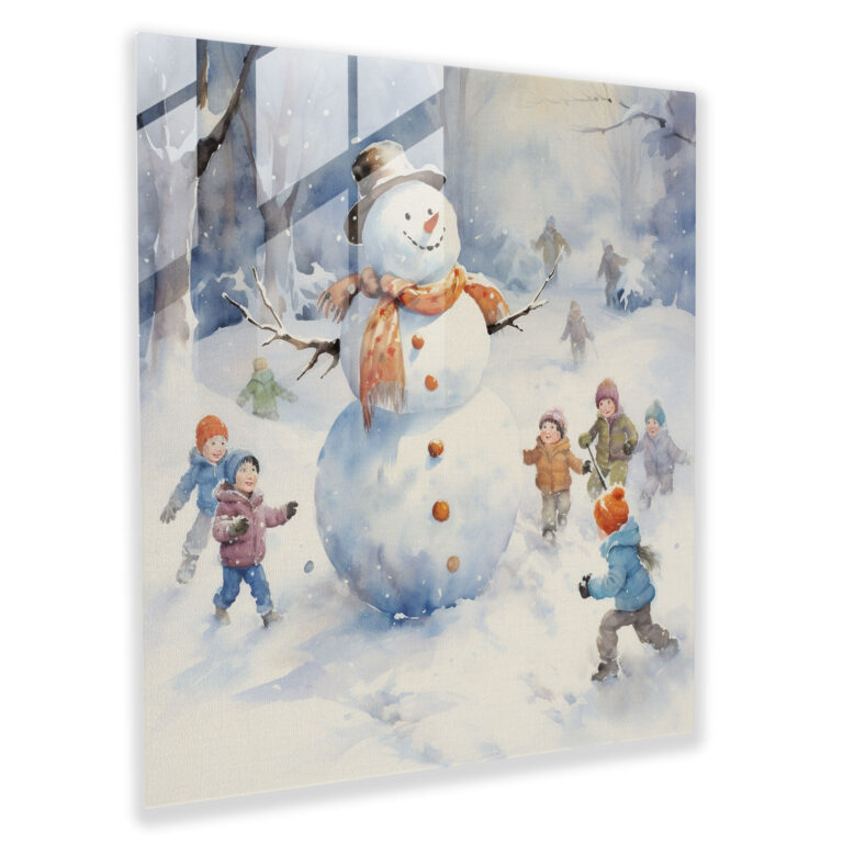 Snowman Glass Print - Snowman, Children Playing, Modern Art, Watercolor Painting