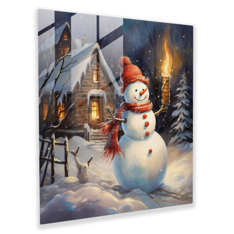 Joyful Snowman Glass Print - Snowman, Modern Art, Home Decoration, Winter Activity