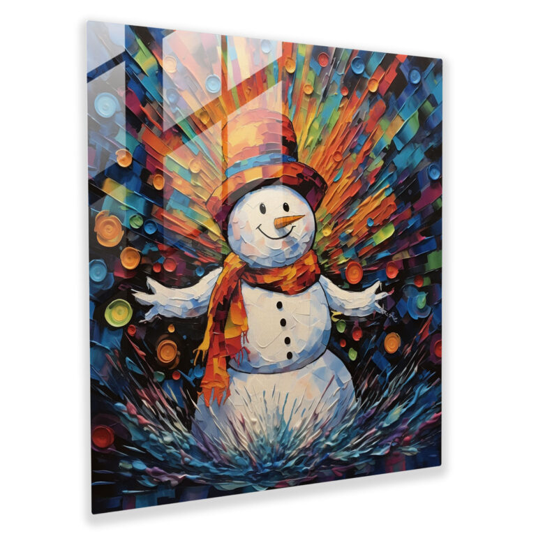 Expressive Snowman Glass Print - Snowman, Mixed Media Artwork, Glass Art, Home Decoration