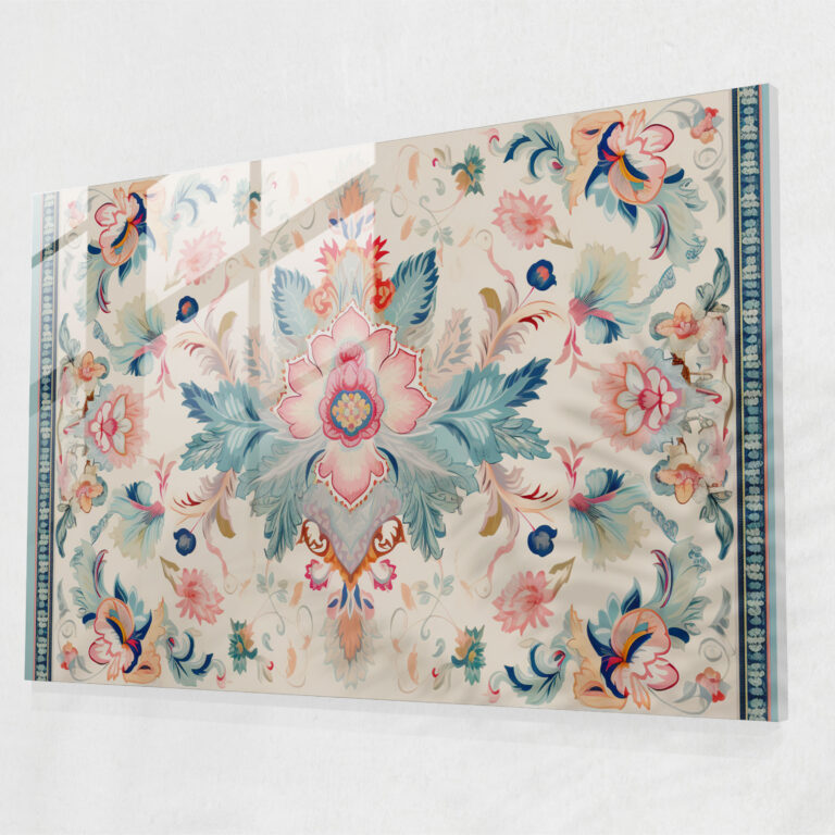 Pastel Floral Turkish Carpet Glass Print - Turkish Carpet, Glass Print, Modern Art, Wall Decoration