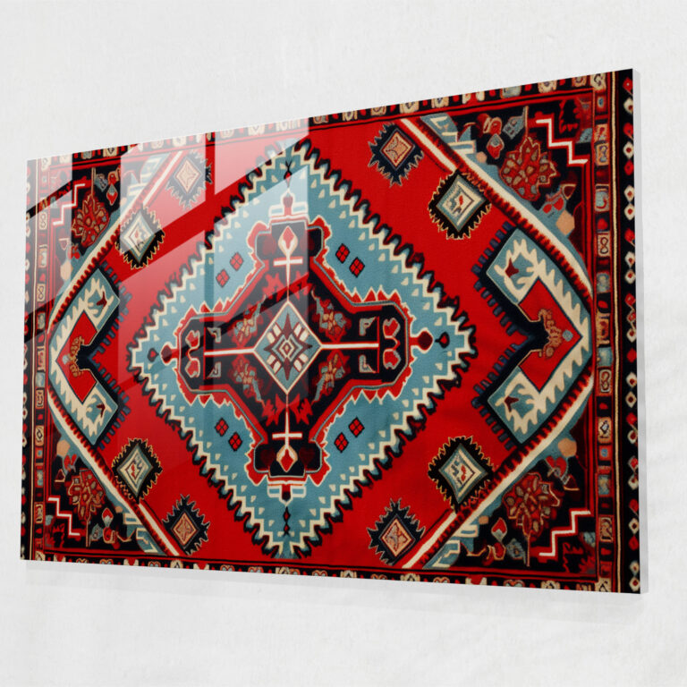 Red Geometric Turkish Carpet Glass Print - Turkish Carpet, Glass Art, Glass Print, Glass Wall Art