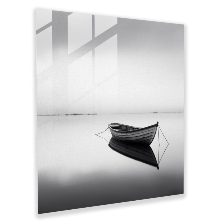 The Most Beautiful Landscapes Of The World - Calm Lake At Dusk Glass Print - The Most Beautiful Landscapes Of The World, Wall Decoration, Minimalist Black And White Photograph, Solitary Boat