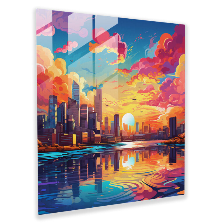 The Most Beautiful Landscapes Of The World - Vibrant City Skyline Glass Print - The Most Beautiful Landscapes Of The World, Vibrant City Skyline, Wall Decoration, Colorful Sunset