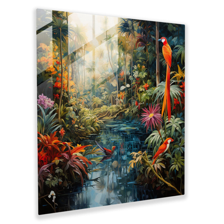 Rainforest Serenity Glass Print - Tropical, Impressionist Artwork, Exotic Animals, Tropical