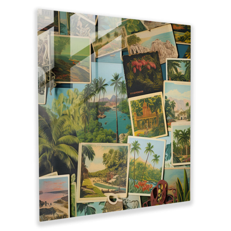 Nostalgic Tropical Glass Print - Tropical, Collage, Modern Art, Vintage Postcards