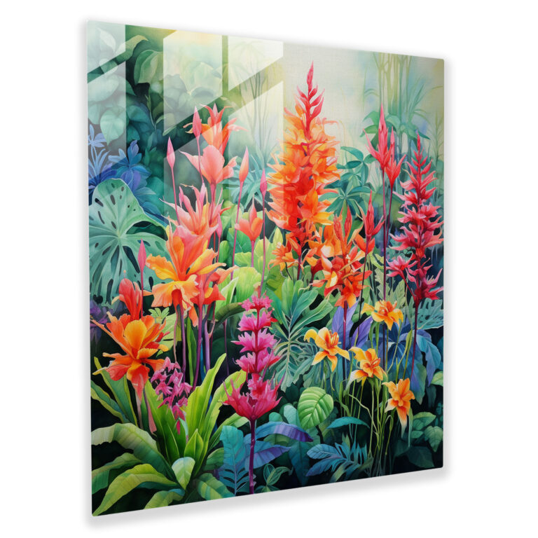 Tropical Glass Print - Watercolor Painting Of Blooming Rainforest Flowers - Tropical, Home Decoration, Vibrant Colors, Tropical Theme