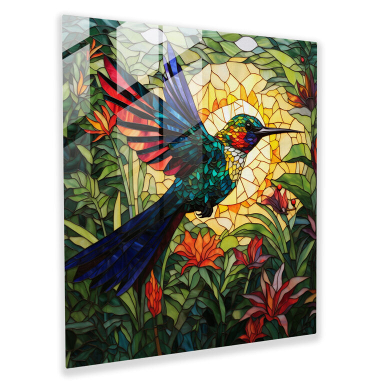Tropical Glass Print - Stained Glass Mosaic Of A Flying Bird - Tropical, Radiant Colors, Glass Art, Home Decoration