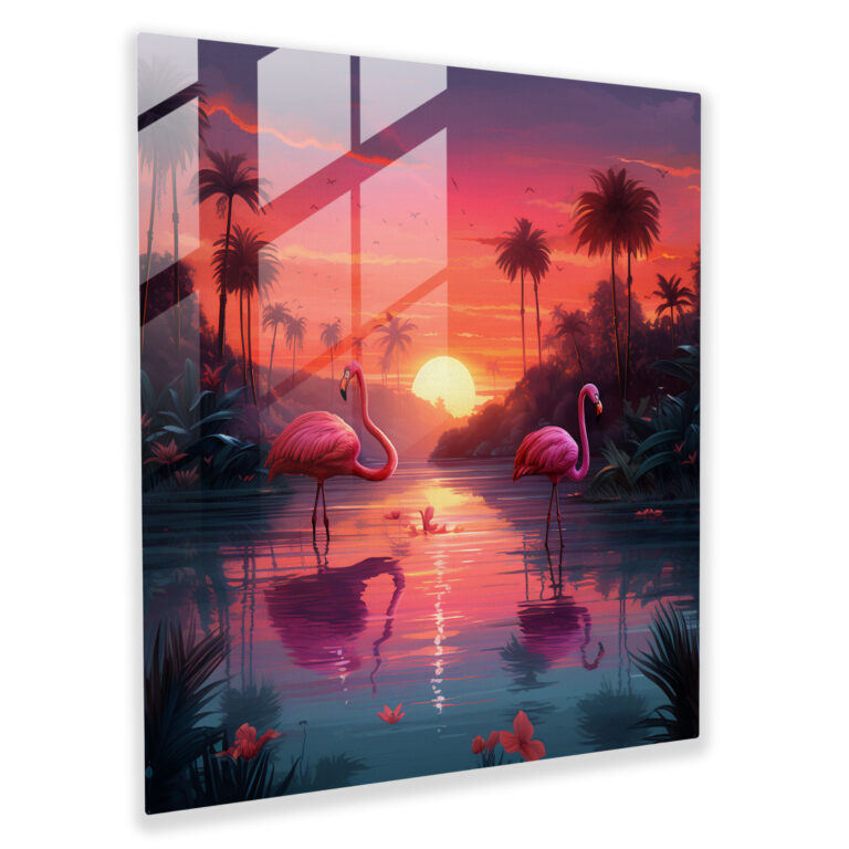 Tropical Glass Print - Digital Illustration Of A Serene Sunset Paradise - Tropical, Vibrant Colors, Glass Art, Home Decoration