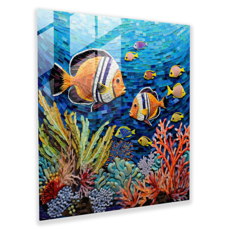 Tropical Glass Print - Glass Mosaic Of Colorful Coral Reef Fish - Tropical, Modern Art, Wall Decoration, Glass Art