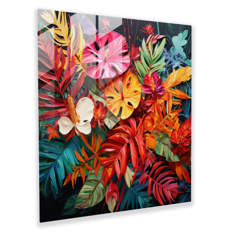 Tropical Glass Print - Mixed Media Artwork Of Colorful Leaf Collage - Tropical, Glass Wall Art, Home Decoration, Glass Art