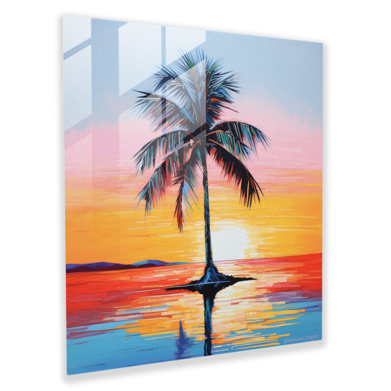 Silhouetted Palm Tree Glass Painting - Tropical, Glass Art, Minimalist Glass Painting, Glass Wall Art