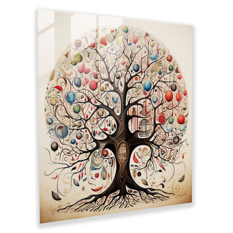 Whimsical Patterns Tree Of Life Glass Print - Tree Of Life, Wall Decoration, Delicate Lines, Home Decoration